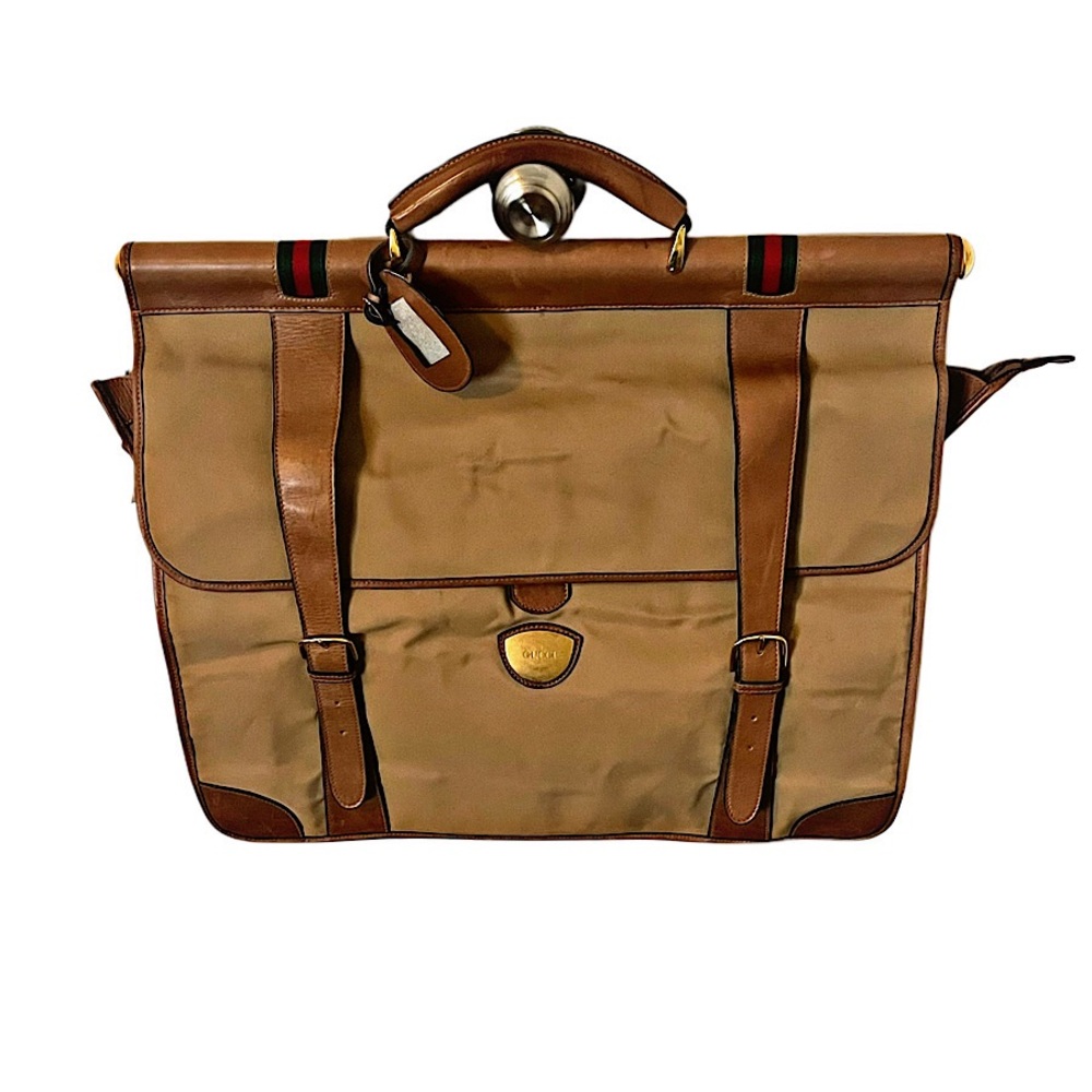 Vintage Gucci Logo Plate Web Canvas & Leather Travel Garment Bag